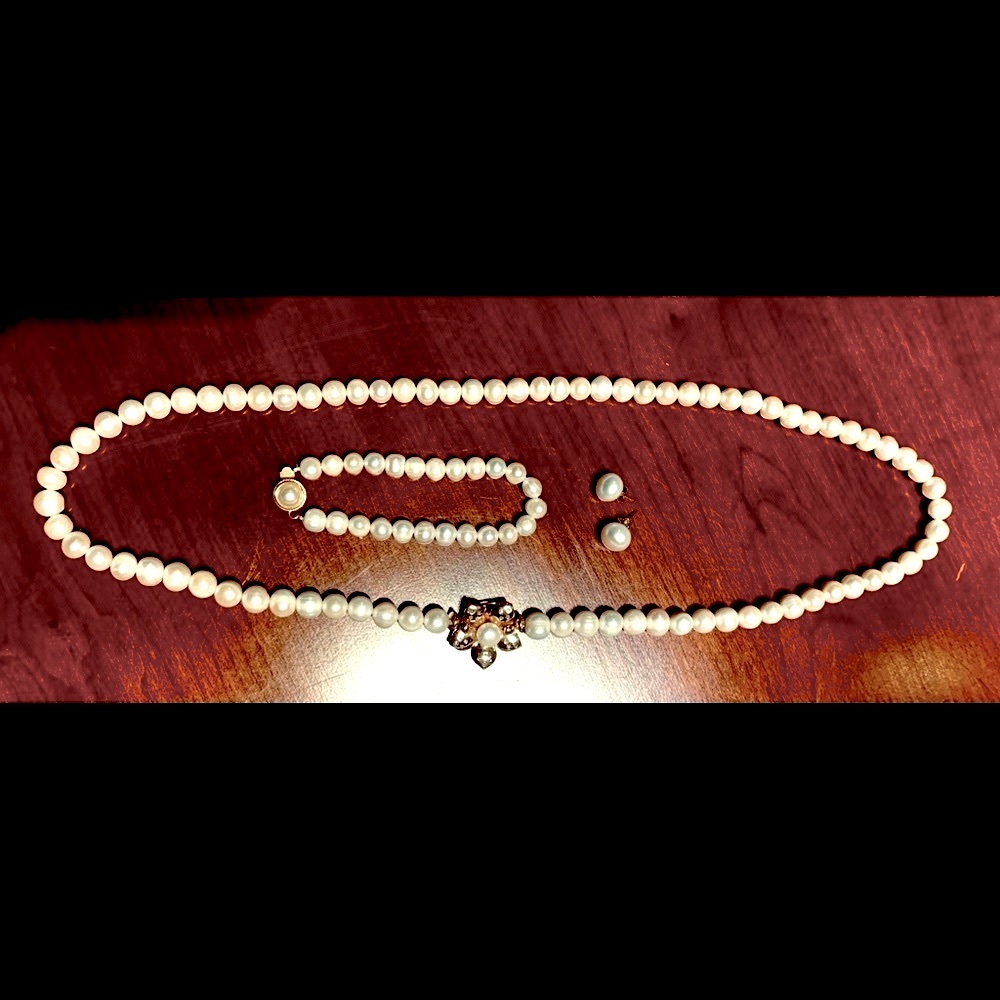 Vintage real pearl set long necklace bracelet earrings with real diamonds & gold